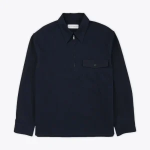 Camicia in twill di cotone blu navy con zip al collo - Oscil