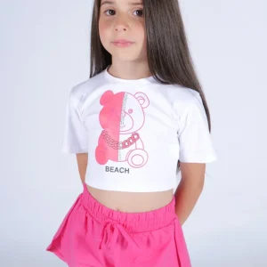FUN FUN - SET COMPLETO - T-shirt bianca con orso e short fucsia bambina